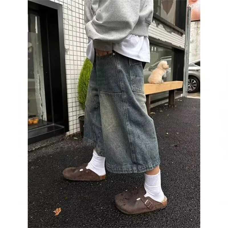 Retro washed high street denim student shorts men's and women's straight wide legs old casual versatile cropped pants