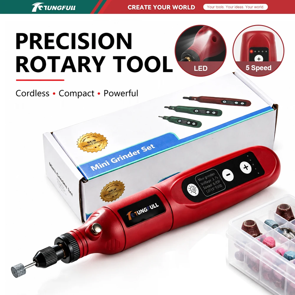 Cordless Mini Rotary Grinder Pen 5-Speed LED Light Electric Engraver and Polisher for Wood Metal Jewelry and DIY Projects