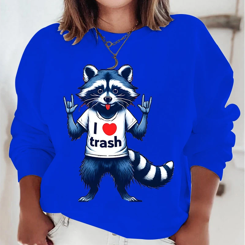 Raccoon I Love Trash Cartoon Print Sweatshirts Women Vintage Fashion Round Neck Streetwear Funny Anime Animal Raccoon Pullover