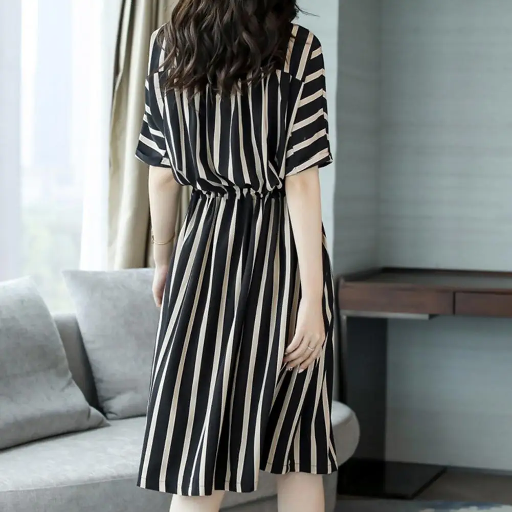 Loose Korean Dress Women Summer O-neck Half Sleeve Slant Pockets Tunic Dress Casual Vertical Striped Print Midi Dress