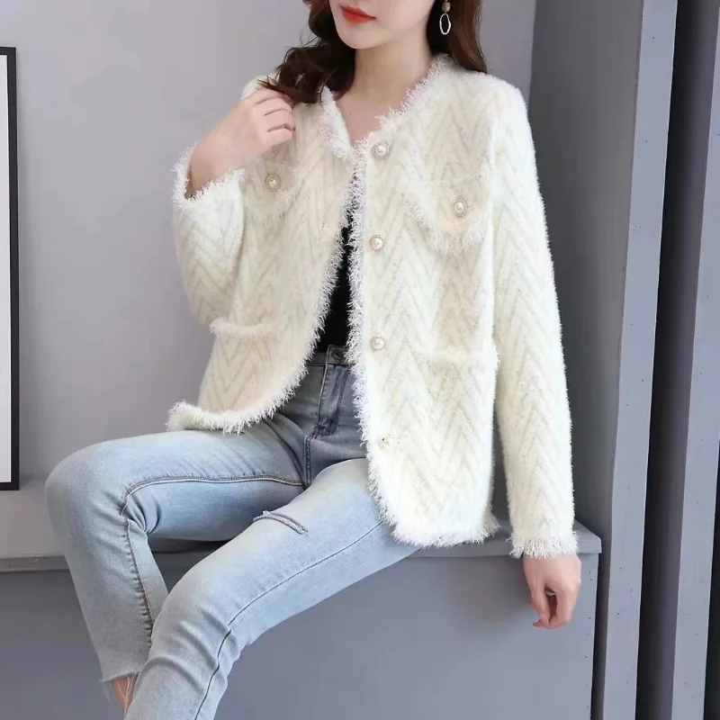 

Cardigan sweater v-neck short jacket for women autumn and winter 2023 knitted cardigan reduced age imitation mink cardigan top