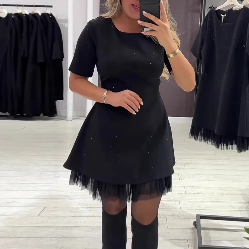 2026 Spring Fashion Diamond Patchwork Mesh Mini Dress Woman Elegant O Neck A-Line Dress New Summer Short Sleeve Slim Party Dress