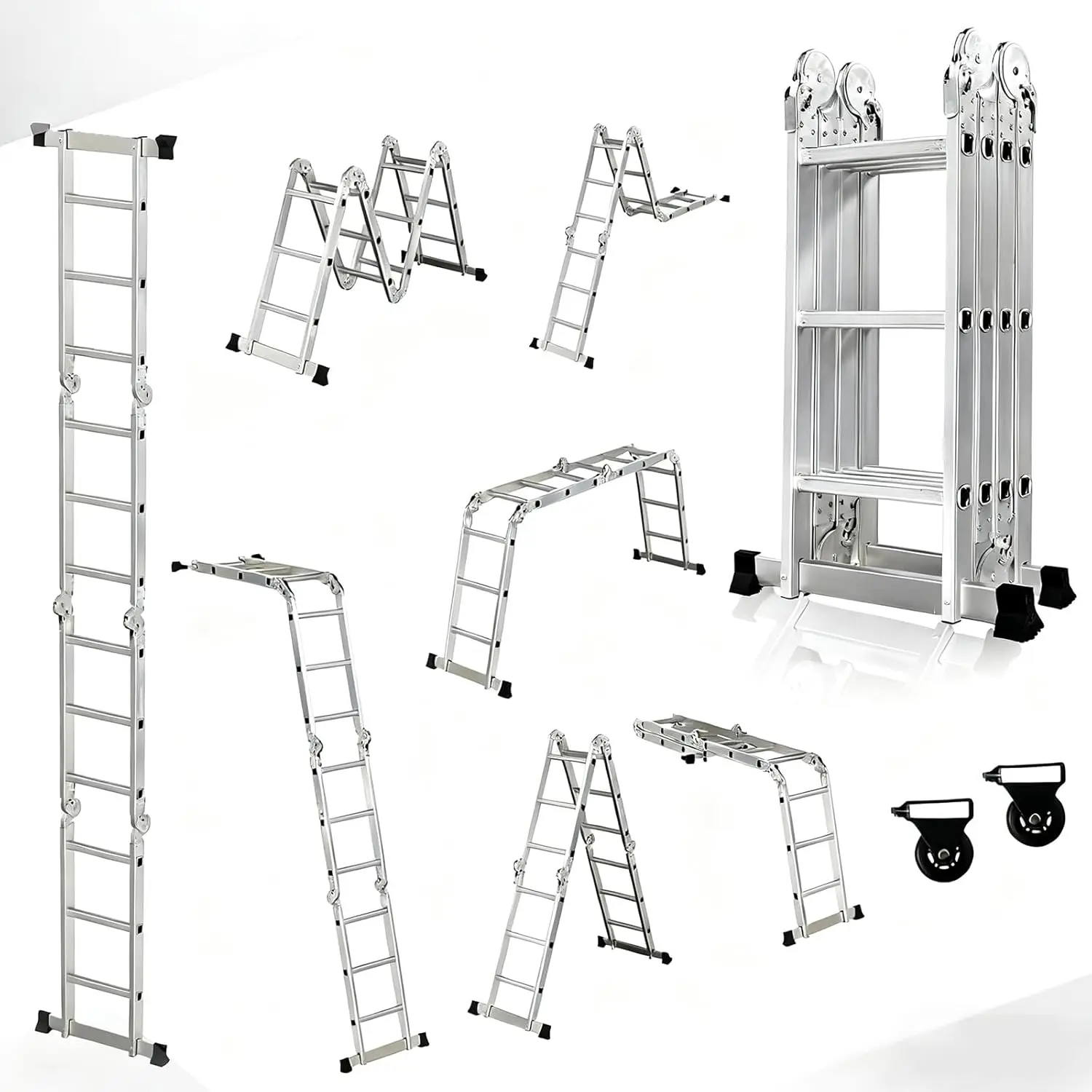 Escalera Multiusos 4x3 7 en 1, Escalera Plegable de Aluminio de 12 Peldaños con 2 Ruedas para Uso Doméstico, Carga Máxima 150 kg