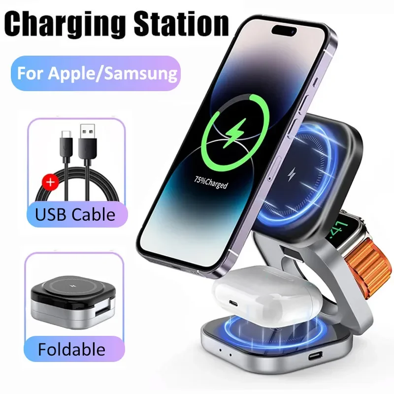 3 In 1 Foldable Magnetic Wireless Charger Stand Macsafe For iPhone 15 14 13 12  Samsung Apple Watch 8 7 6 AirPods  Fast Charging