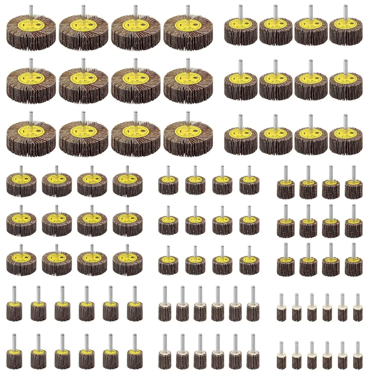 

96-Pack 1/4" Abrasive Flap Wheel Sander Set, 80 Grit Aluminum Oxide, Cylindrical Shape Sanding Wheels in 8 Sizes