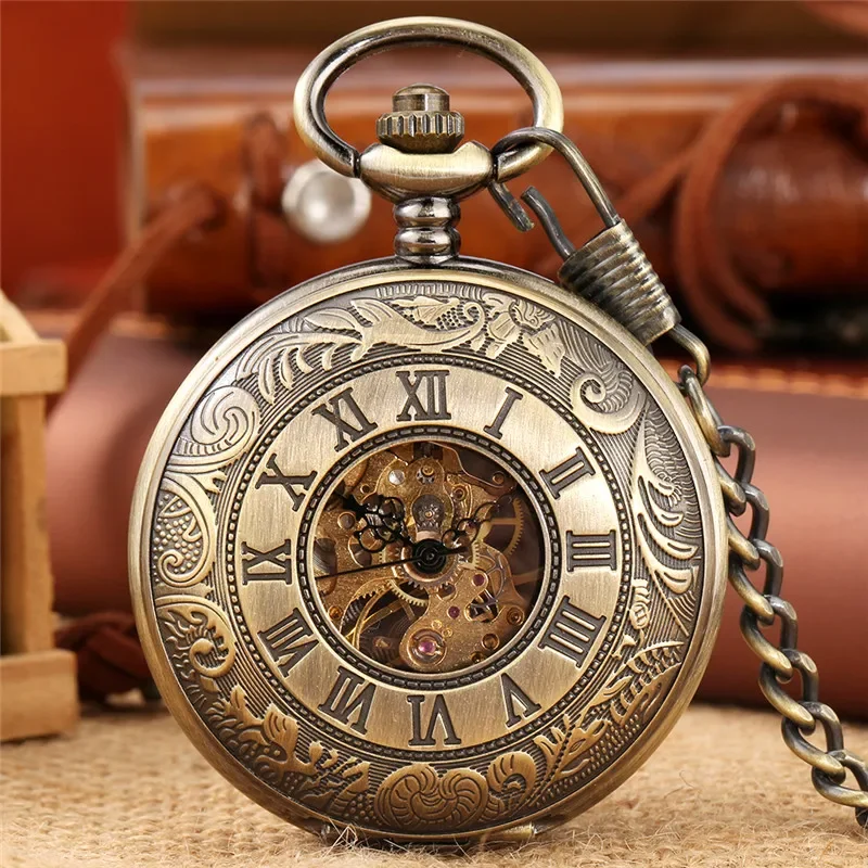 Bronze Skeleton Pocket WatchDouble Open Hunter Roman Numbers Men Women Hand Winding Mechanical Clock FOB Pendant Chain Gift