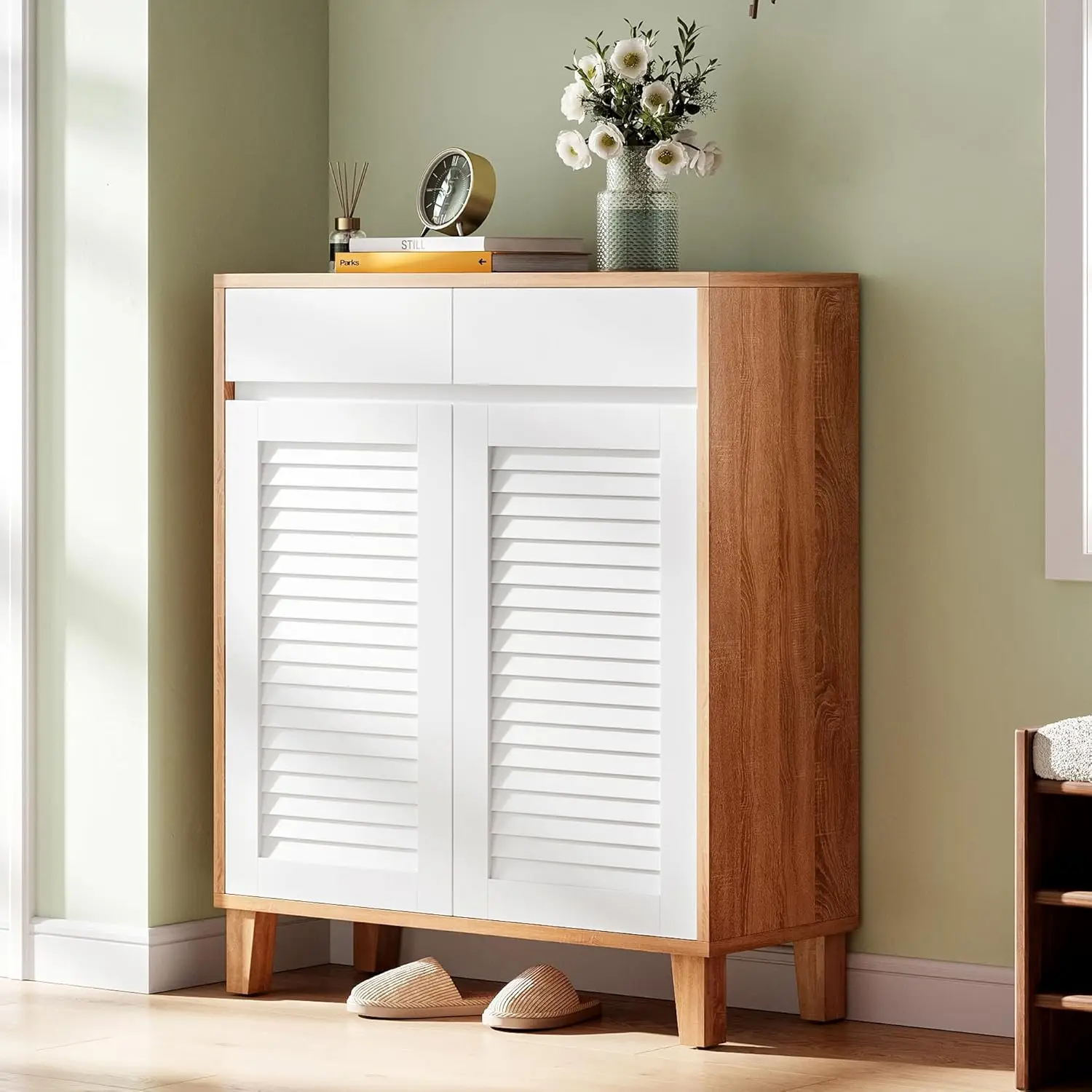 

Shoe Cabinet with Louvered Doors, 4-Tier Shoe Storage Cabinet with Drawer & Adjustable Shelves, Wooden Shoe Rack for Ent