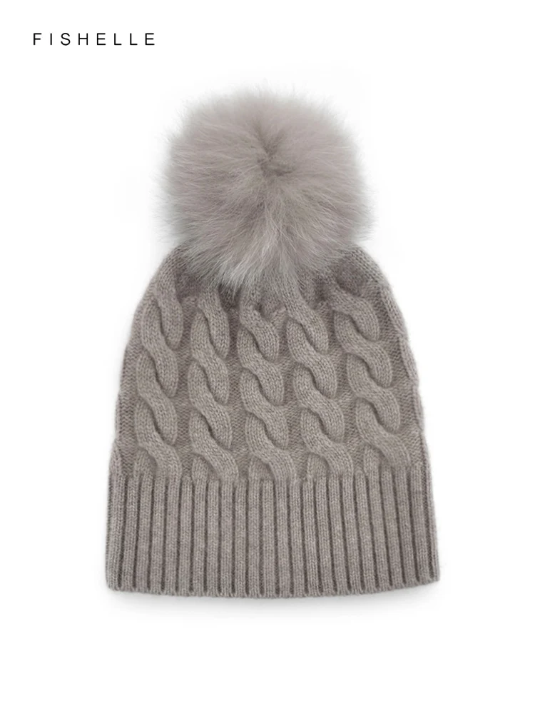 New Cream Beige Cashmere Hat Women\'s Winter Thickened Warm Knitted Woolen Beanie Fox Ball Pure Cashmere Cap Female Luxury Gifts