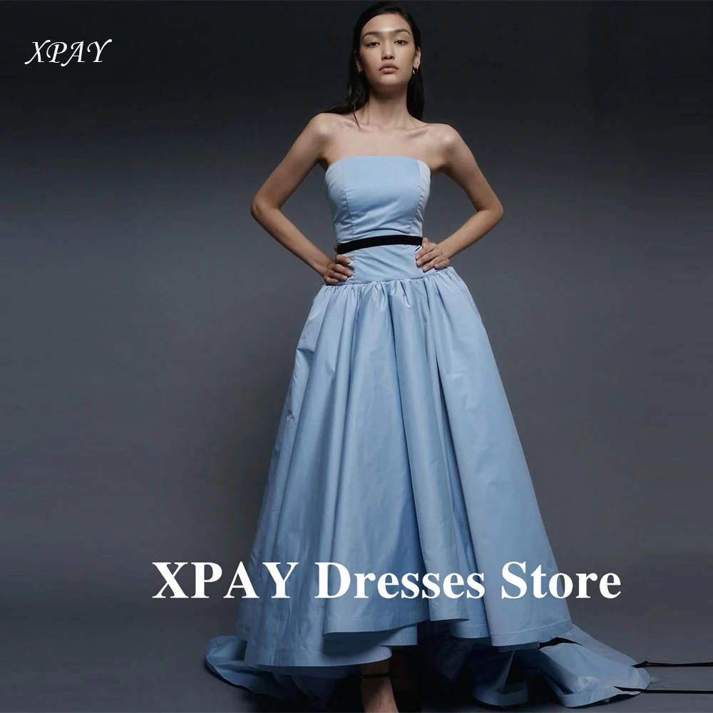 

XPAY Strapless Dusty Blue Formal Evening Dresses Korea Japan Black Sash Formal Occasion Party Dress Long Wedding photography