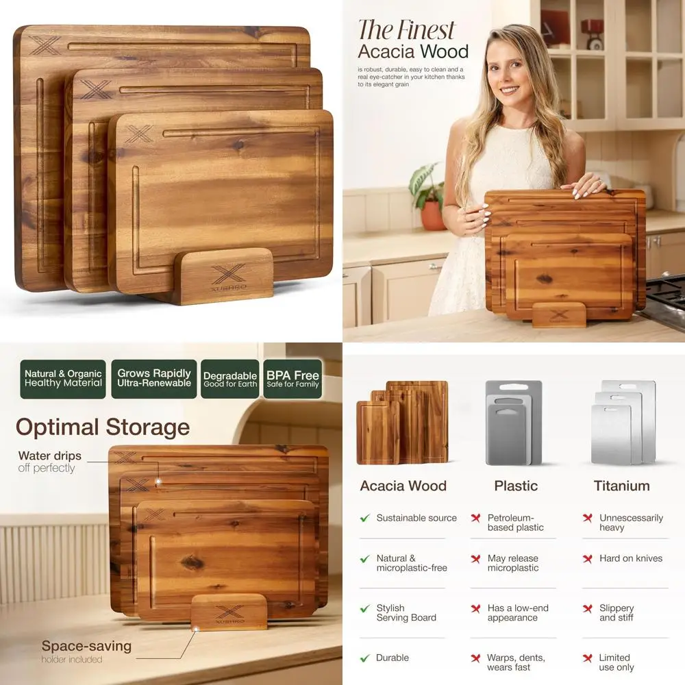 

Набор из трех разделочных досок из акации - 16x12, 14x10, 12x8, толщина 0,8 дюйма, с глубоким желобом для сока, нескользящие, нетоксичные, для мяса