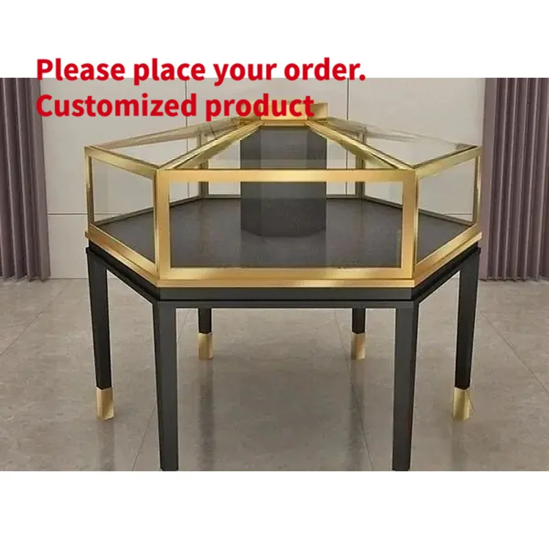 custom.Luxury Hexagonal Jewelry Display Island Counter Gold Stainless Steel 6-Sided Glass Showcase