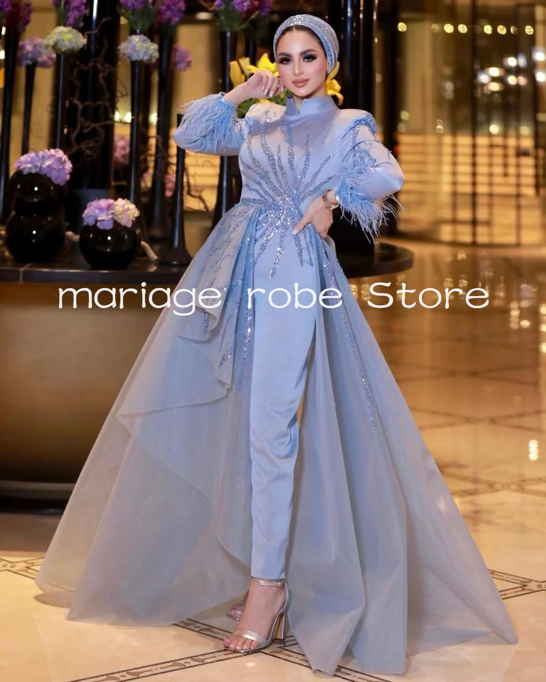 Sky Blue Muslim Jumpsuit Evening Dresses with Overskirt Long Sleeve Gillter Applique Feather Middle East Prom Gown Customsized