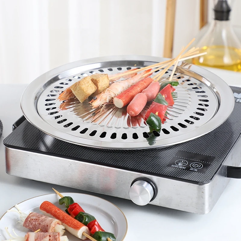 Stainless Steel BBQ Grill Pan Outdoor Korean Barbecue Baking Pan Smokeless Non-stick Gas Stove Roasting Grill Plate BBQ Tools