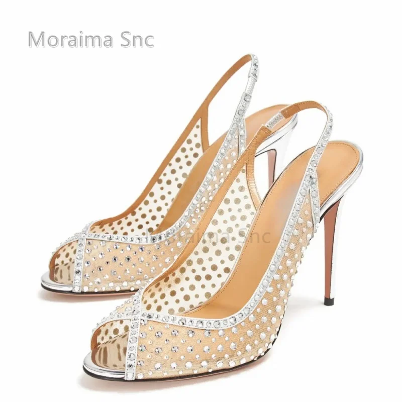 

Сетчатые свадебные туфли со стразами, женские сандалии на шпильке с открытым носком, босоножки с открытой пяткой, платье на высоком каблуке, блестящие вечерние туфли-лодочки с кристаллами