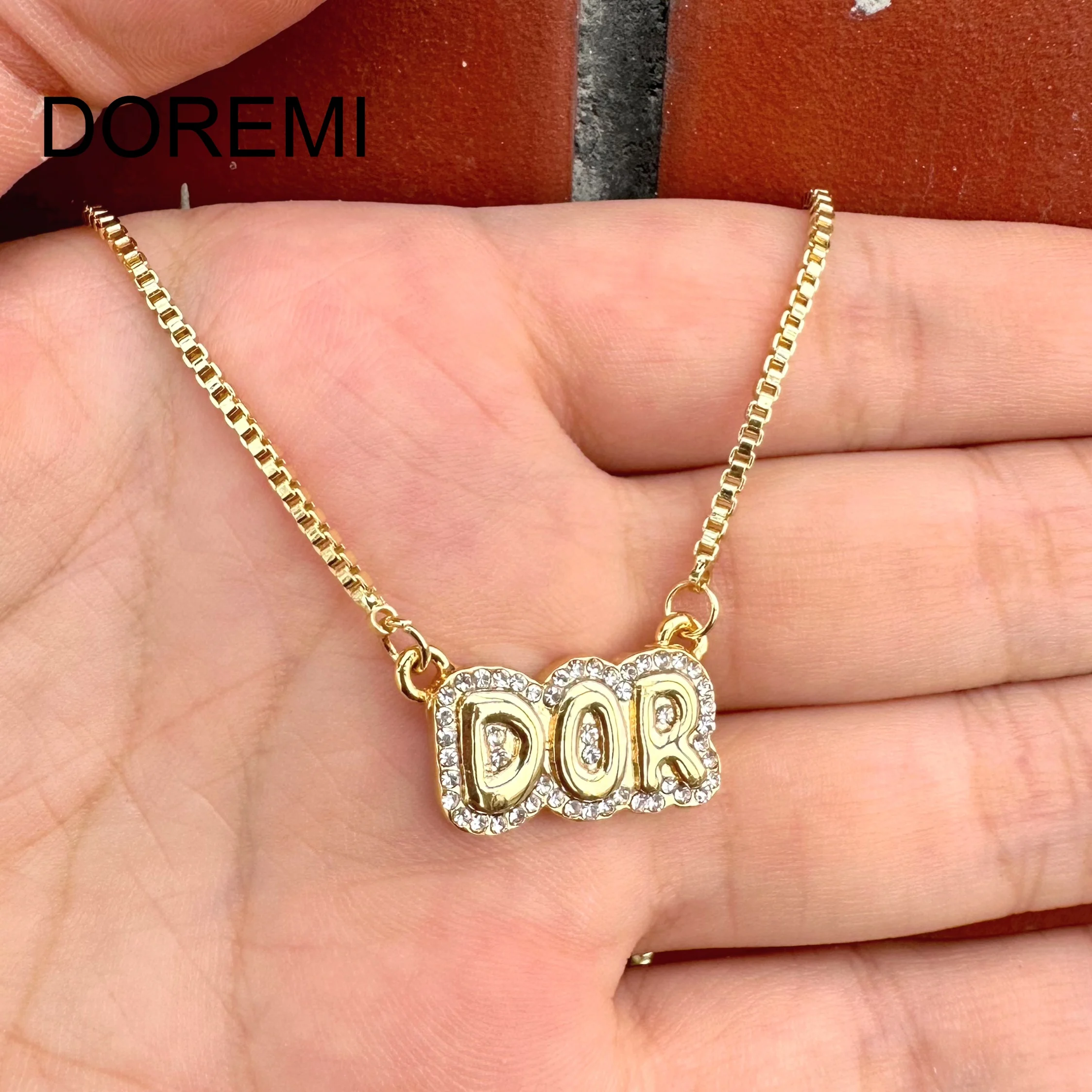 DOREMI Bubble Name Necklace Gold Plated Double Layer Metal Crystal Name Necklace Bubble Letter Custom Necklace Jewelry