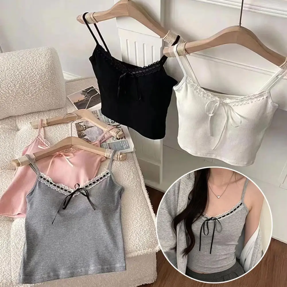 ผู้หญิง V คอ Camisole Lace Patchwork เสื้อกั๊กหวาน Trim เสื้อกั๊กสั้นสไตล์สลิงเสื้อกั๊กเซ็กซี่ TOP Camisole หน้าอกเบาะ