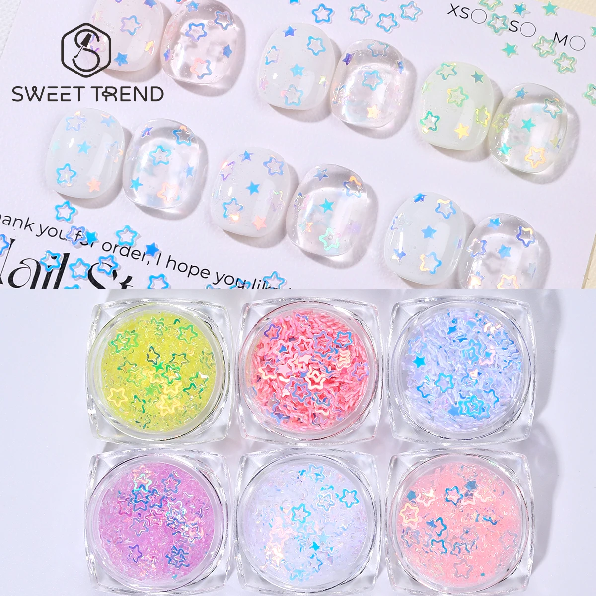6pcs Dopamine Hollow Star Nail Glitter Flakes Candy Color Iridescent Sparkly DIY Slices Spangles Japanese Manicure Crystal Flash