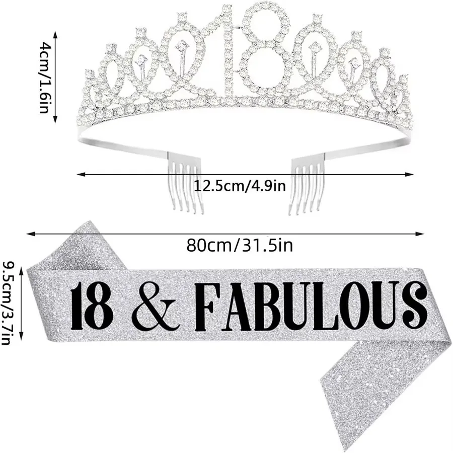 Glitter Silvery Birthday Tiara Crown Sash Women Girls 18th 21St 30Th 40Th 50Th 60Th 70th Birthday Party Prom Gifts - view 2