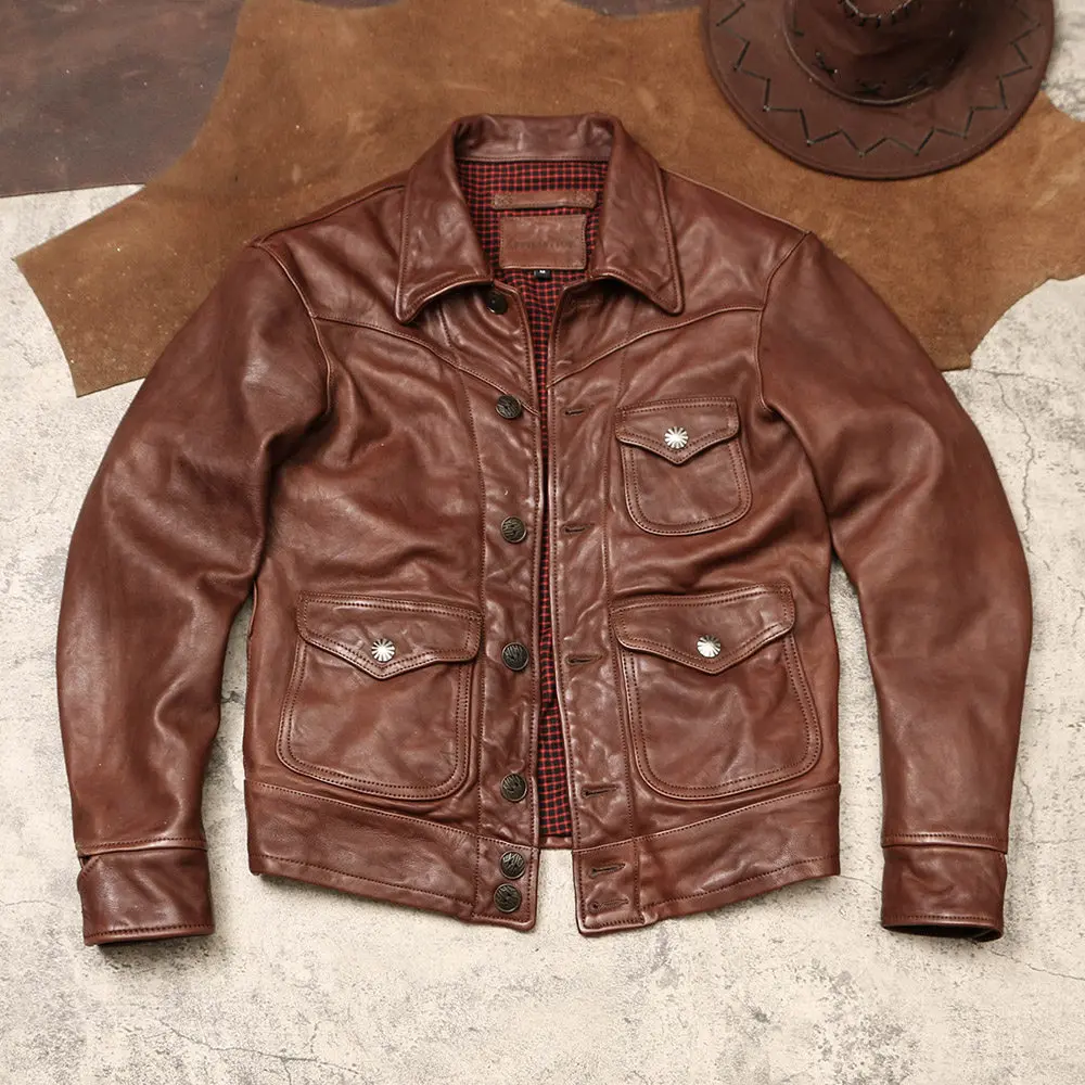 American Vintage Amekaji Leather Jacket, Washed Distressed Unfinished Sheepskin Coat Unisex Small Size Genuine Outerwear