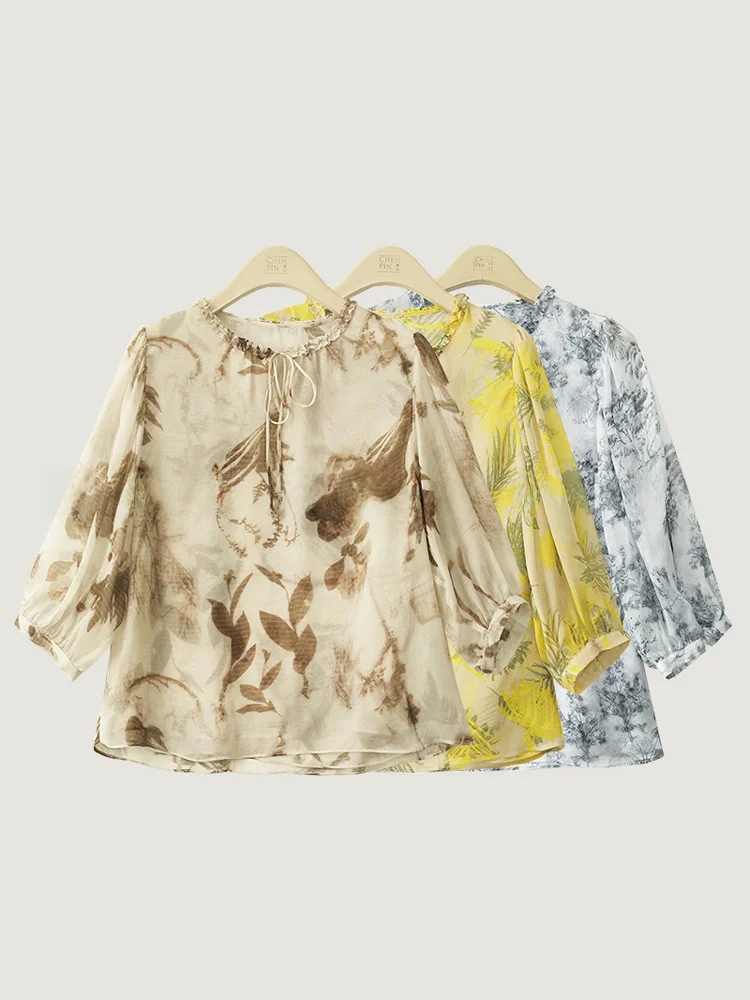 

Шелковая блузка Dkchenpin для женщин с круглым вырезом и принтом, модная летняя тонкая блузка с длинными рукавами, удобная, дышащая, облегающая.