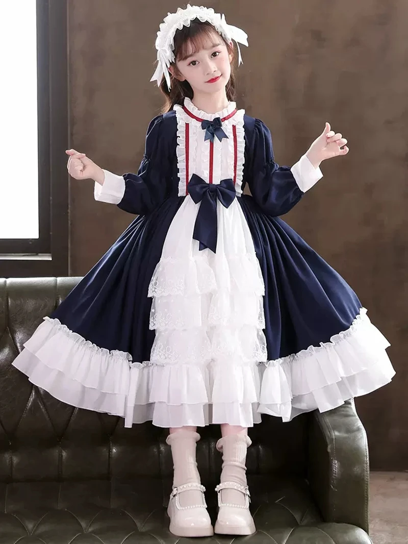 Bambine 2022 nuova primavera estate inghilterra stile Lolita rosso blu principessa per bambini vestito con fiocco in tinta unita per abito da ballo da festa