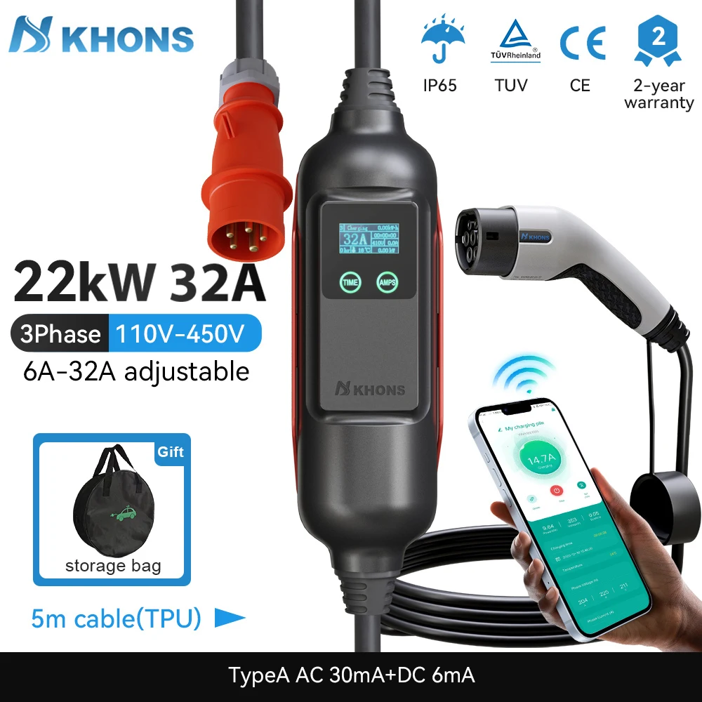 Khons Portable EV Charger Type2 32A 22KW EVSE 3Phase Charger Red CEE Plug Suitable For EV Charging WIFI-APP Control  5M Cable