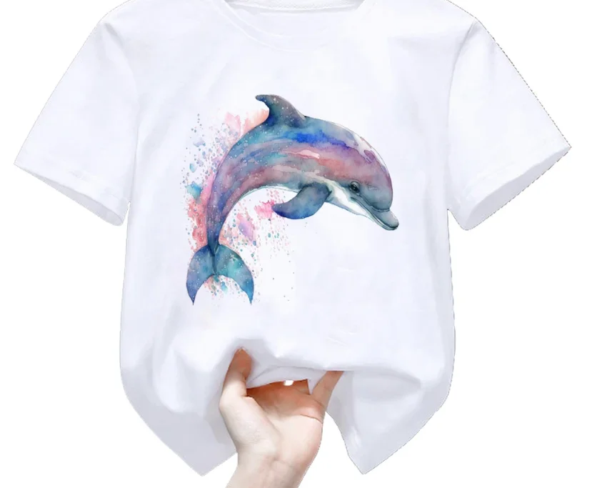 Watercolor Dolphin Print Tshirt Girls Boys Harajuku Cute Kids Clothes Whale Flowers Summer Fashion Tops T Shirt