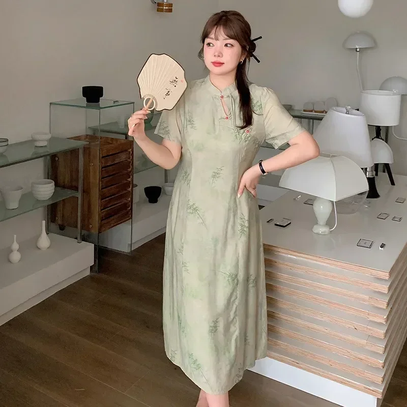 Hollow Design Fashion Long Skirt New Chinese Retro Improved Temperament Cheongsam Women's Summer New Large Size Slimmer Dresses