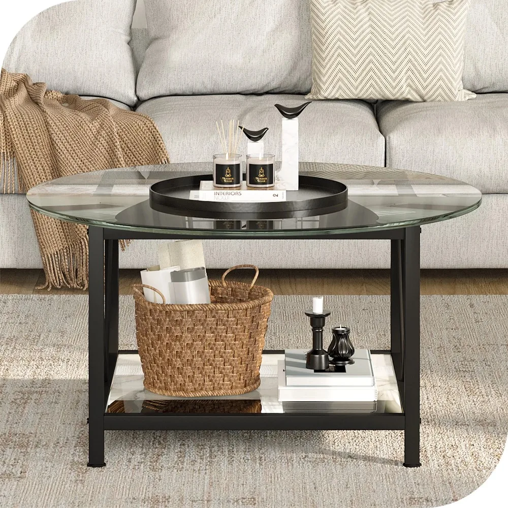 31.5-Inch Coffee Table Round Tempered Glass With Metal Frame Living Room