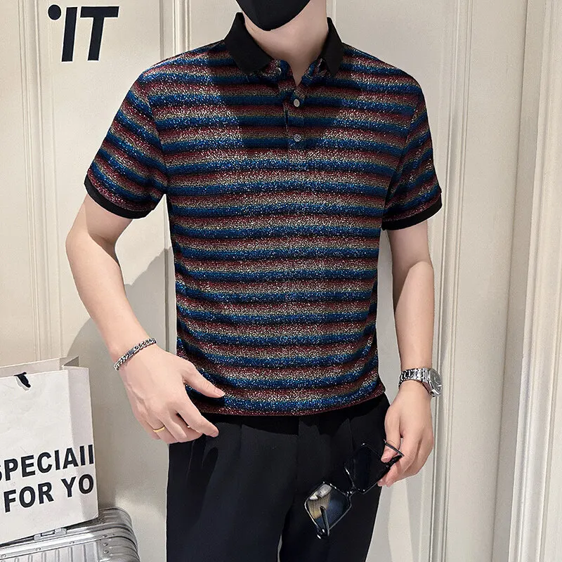 

Summer Sequins Men's Polo Shirt Contrast Color Striped Short Sleeved Men T-shirts Fashion Trendy Night Club Party Mens Clothing