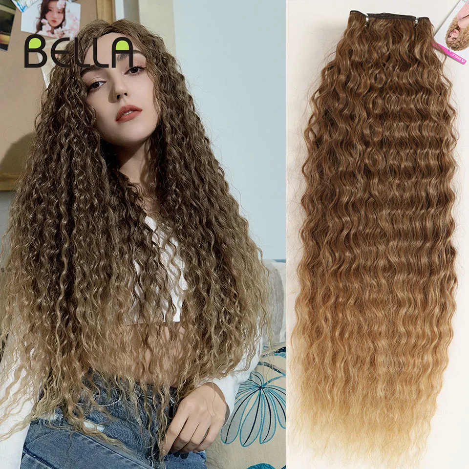 Bella-extensiones de cabello sintético para mujer, mechones de pelo largo y rizado, Color degradado