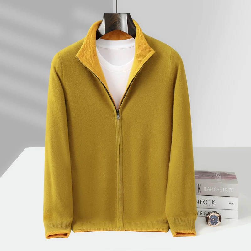 MVLYFLRT Men's Stand Up Collar Zipper Cardigan 100% Merino Wool Knitted Double-sided Cardigan Autumn Winter Thick Warm Jacket
