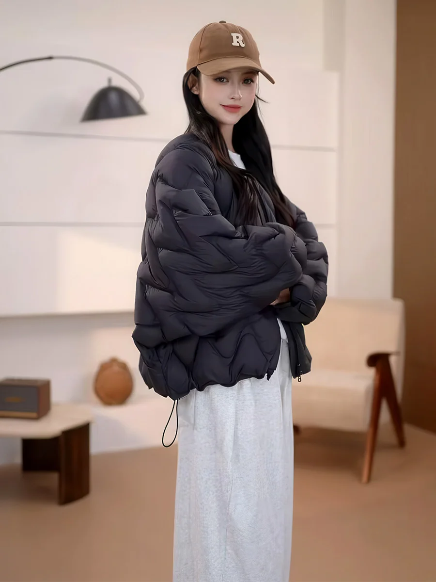 

Корейская свободная стеганая пуховая куртка с круглым вырезом для женщин, теплая верхняя одежда с наполнителем из пуха, черное зимнее пальто