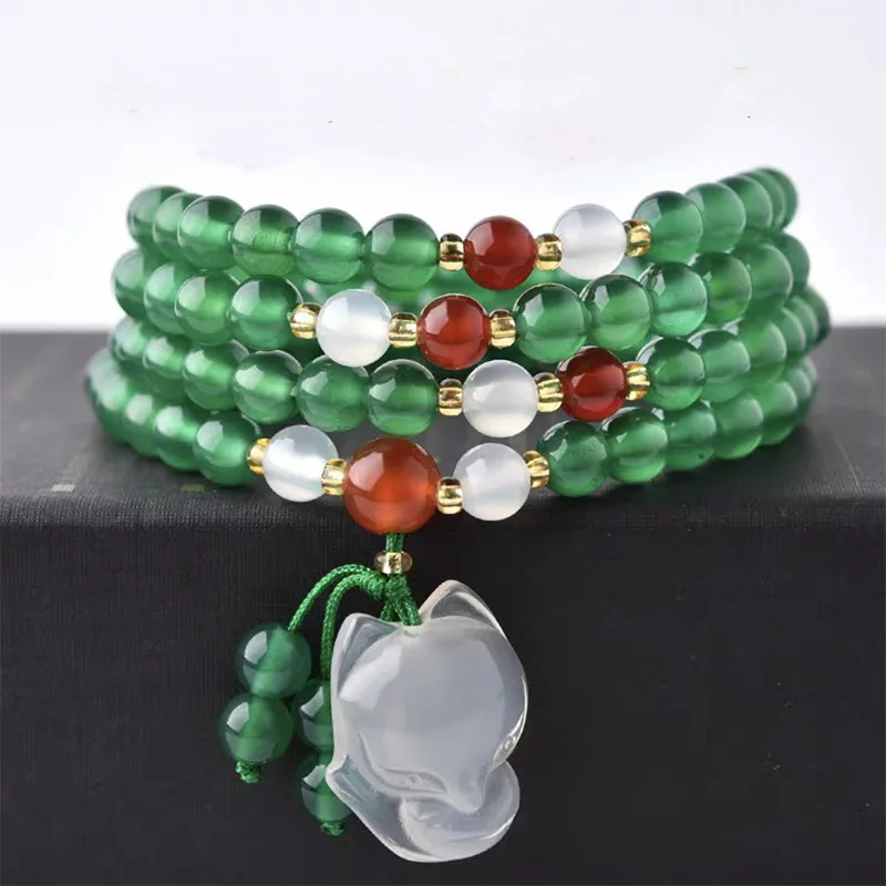 

Green Natural Agate Chalcedony 108 Beads Multi-Loop Bracelet For Women Couples Best Friends Crystal Lotus Snake Year Jewelry Han