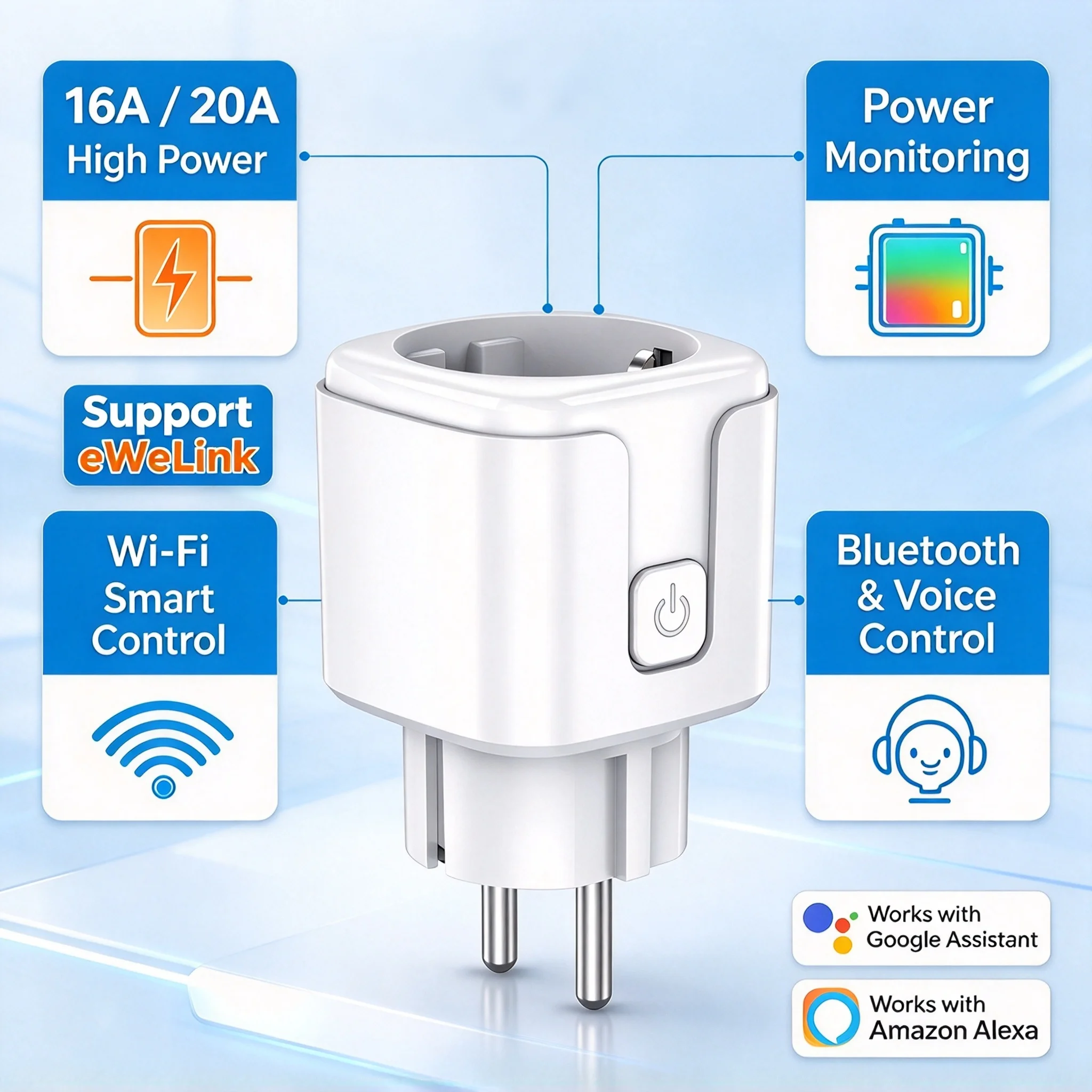 Wifi Smart Plug - 이웰링크 16A/20A 스마트 와이파이 EU 플러그,