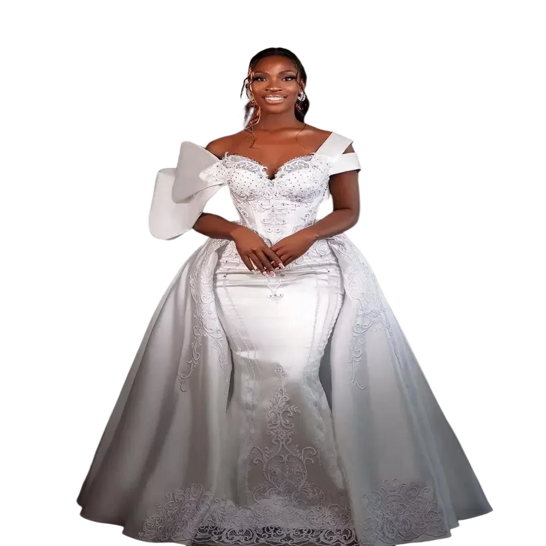 Customized Off The Shoulder Embroidery Beaded  Wedding Dress With Detachable Train Robe De Mariage Plus Size Bridal Gown