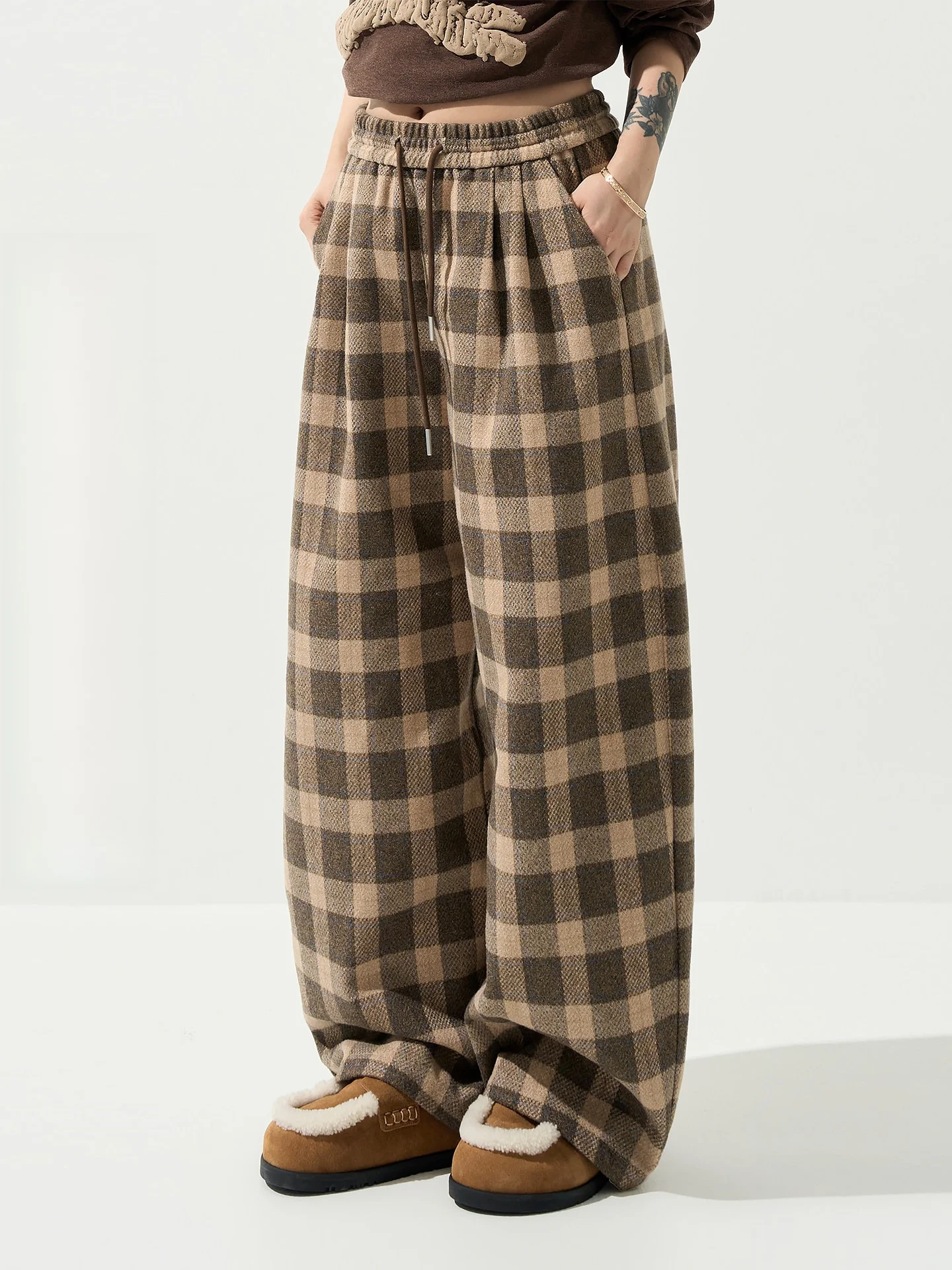 

Женские повседневные брюки с высокой талией, широкими штанинами и прямым кроем в клетку, осенне-зимние, свободные, удлиненные, для офиса и повседневной носки