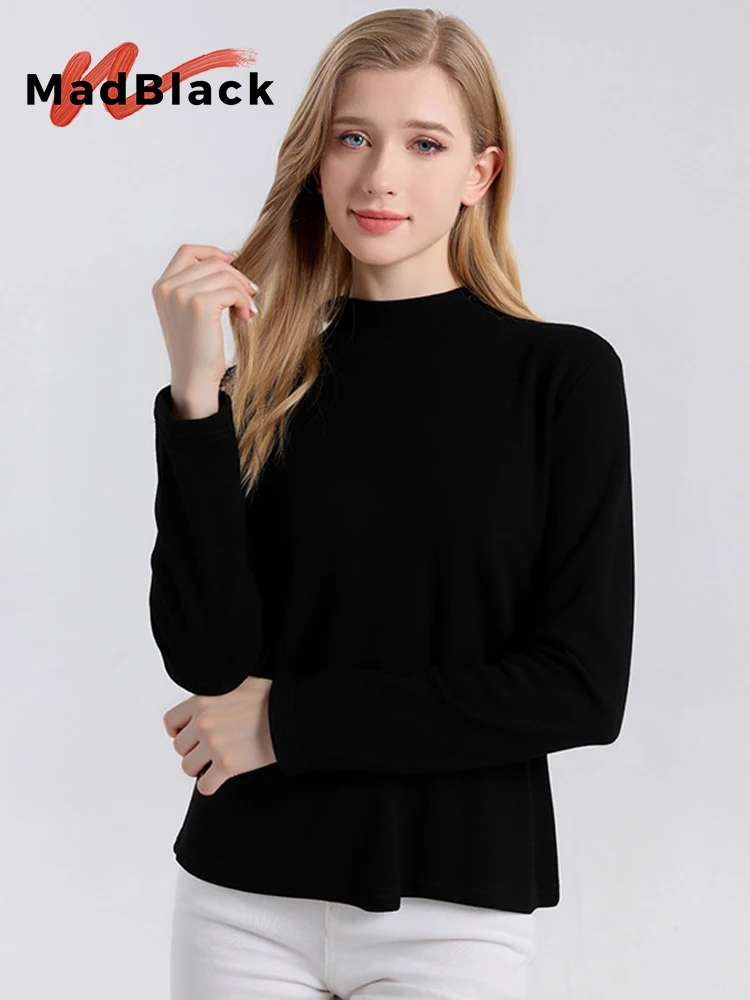 MadBlack-100%Wool Elegant Knit T-Shirt, Mock Neck Long Sleeve Jacquard, Women Fashion Versatile Warm Top, 2026 Autumn T66648CC