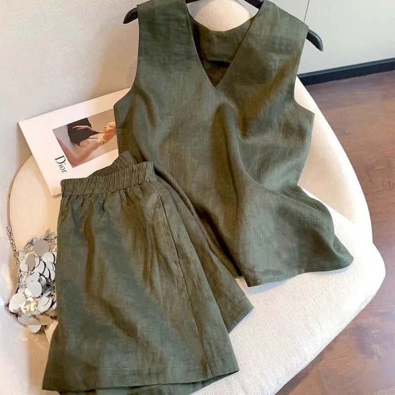 

Shorts Sets Old-money Aesthetic V-neck Sleeveless Shirts and Wide Leg Pants French Style Casual Two Piece Sets Women Clothing