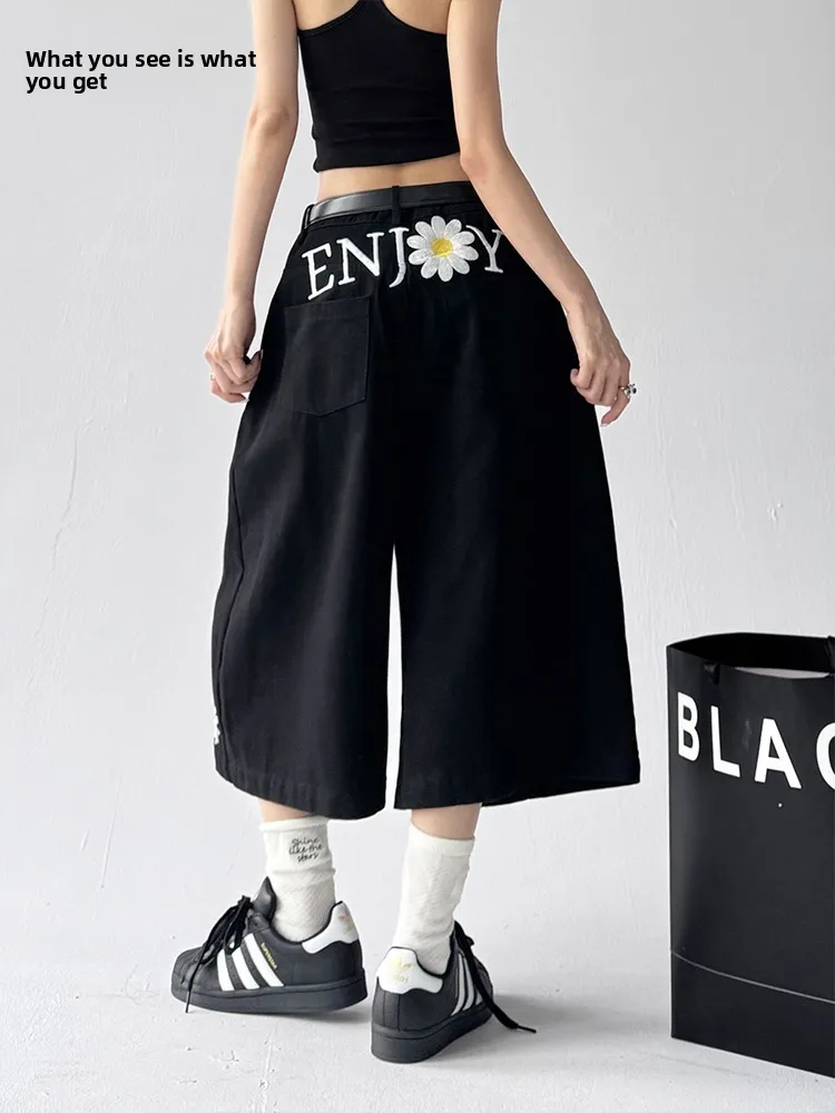 

Ele Daisy Embroidered American Sle Denim orts Women's Loose Casual Wide Leg Seven-Foot Pants High Waist Cotton Stretch