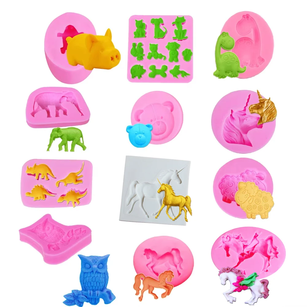 13 Kinds Animal Horse Cat Dinosaur Silicone Mold Fondant Chocolate Candy Gumpaste Lollipop Sugarcraft UV Resin Soft Clay C349