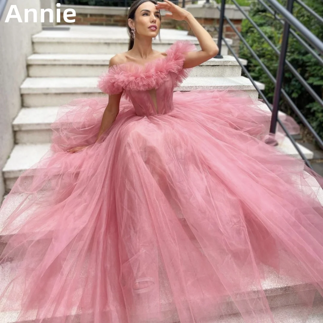 

Annie Sweet Pink Prom Dresses Tulle Curled Edge Evening Dress فساتين السهرة Fairy A-shaped Elegant Lady Wedding Party Dress