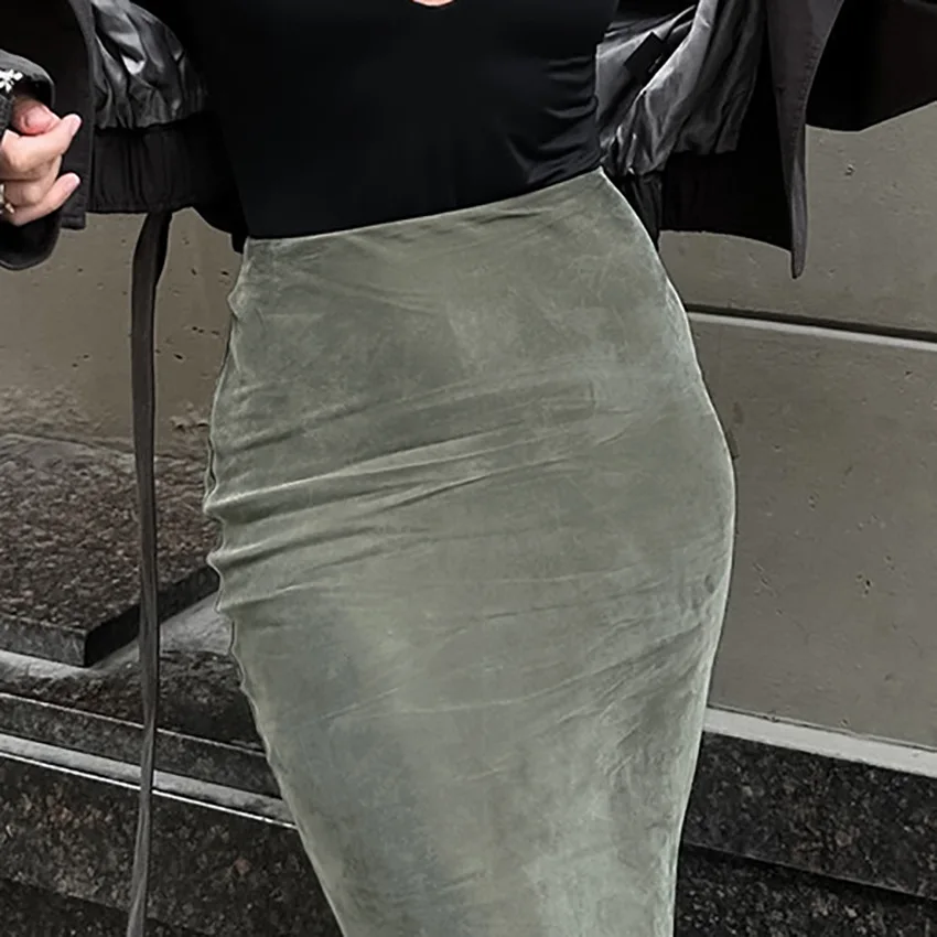 กระโปรงยาวหางปลากํามะหยี่มิงค์สีเขียวฝรั่งเศสพร้อมกระโปรงยาวกอดเอวและสะโพกสําหรับผู้หญิง