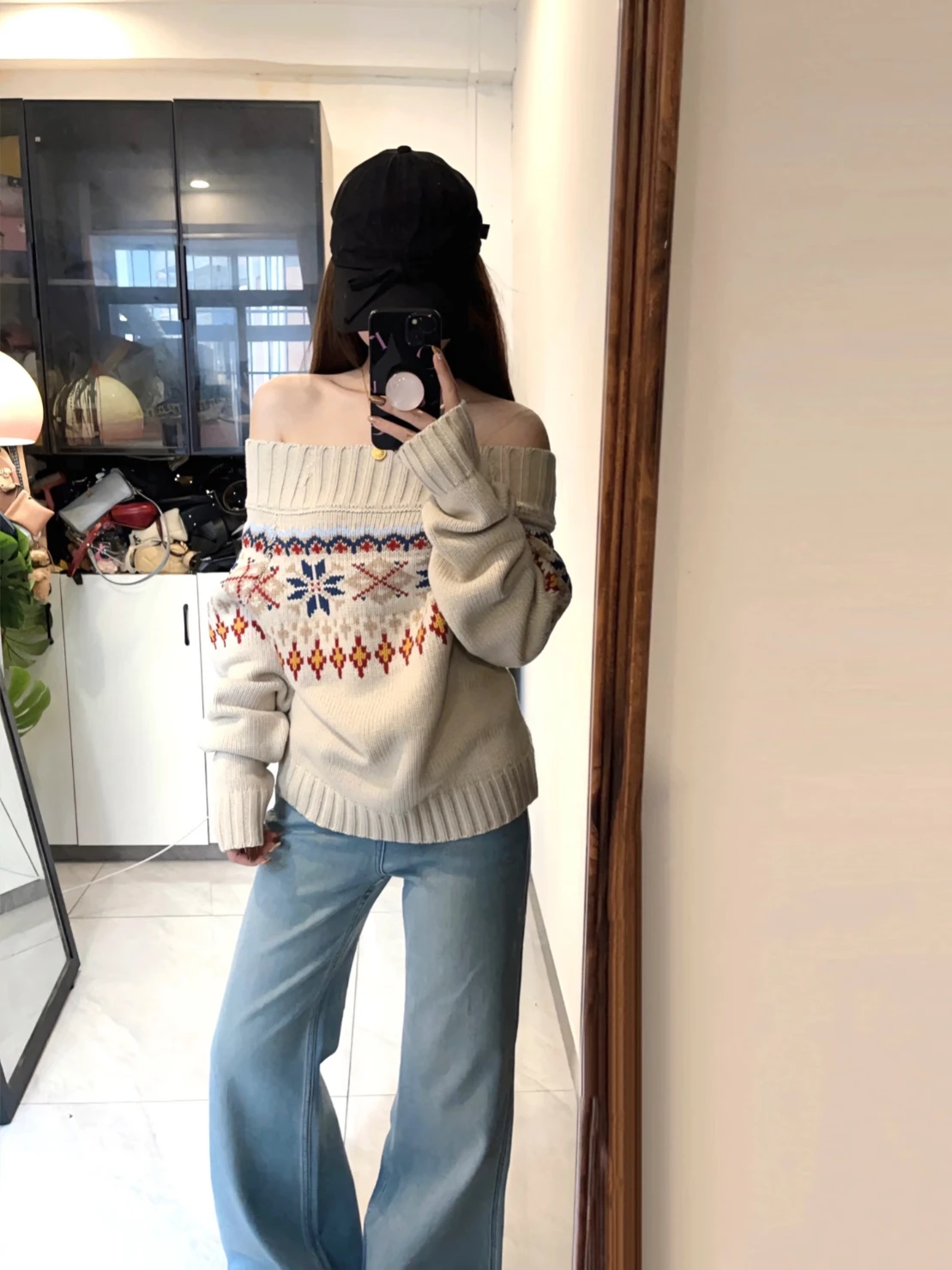

Loose oulder Knitted Sweater Women's Winter Faion Fair Isle Embroidery Design Casual Long Sve One-oulder Top