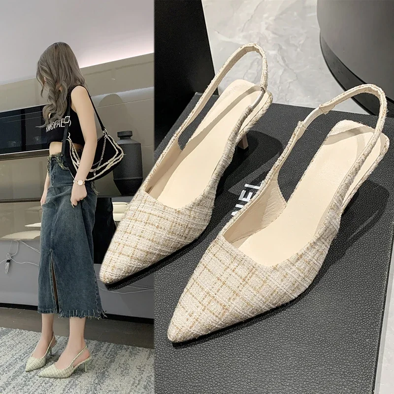 Blue Pointed High Heel Sandals for Women Back Hollow Half Headed Single Shoes Fashion Versatile Casual Shoes