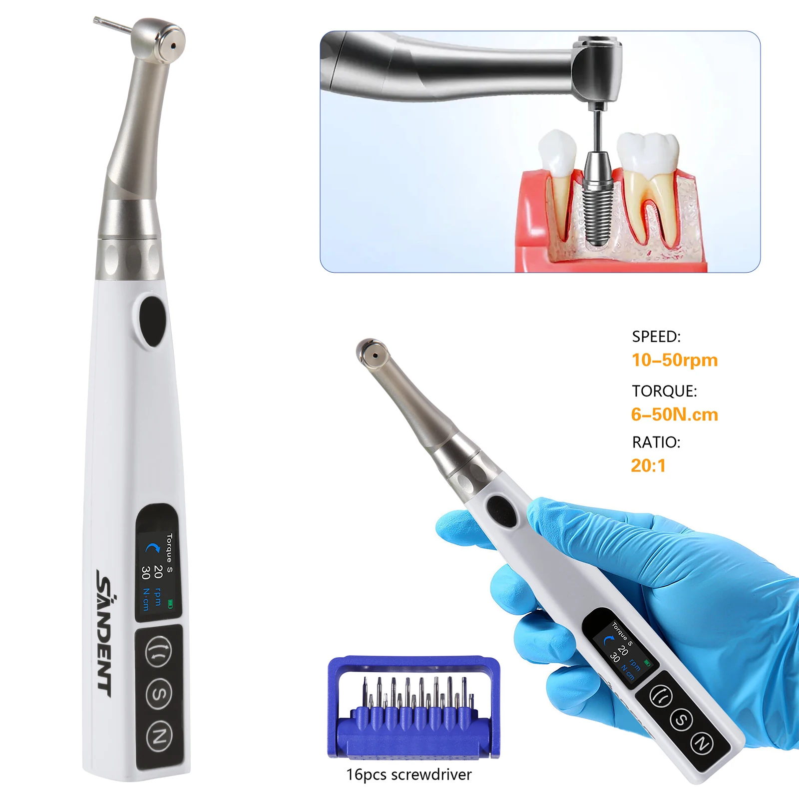 Kit di strumenti per chiave dinamometrica elettrica per impianti dentali wireless sterilizzabile 360 ° 16 driver ruotati inclusi