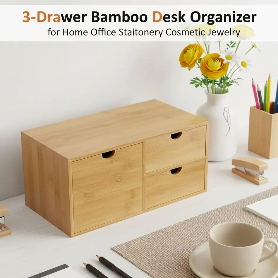 

3-Drawer Desk Organizer Bamboo Desktop Storage Box Office Stationery Storage Drawer for Home Office Stationery Cosmetic Jewelry
