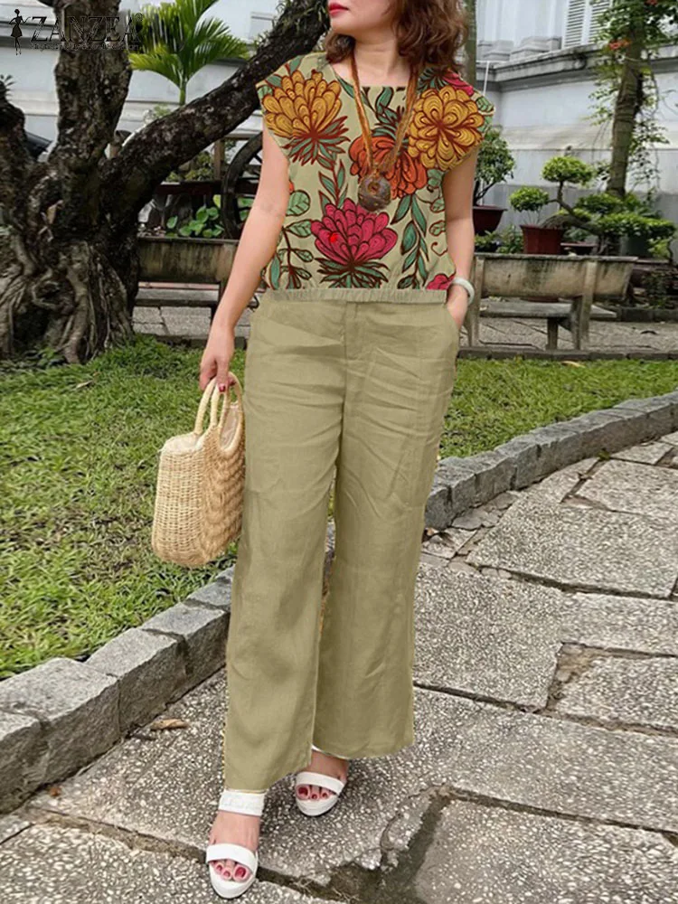 ZANZEA Vintage Women Summer Trousers Suits 2PCS Holiday Work Matching Sets Floral Printed Short Sleeve Blouse Pants Sets Outifit