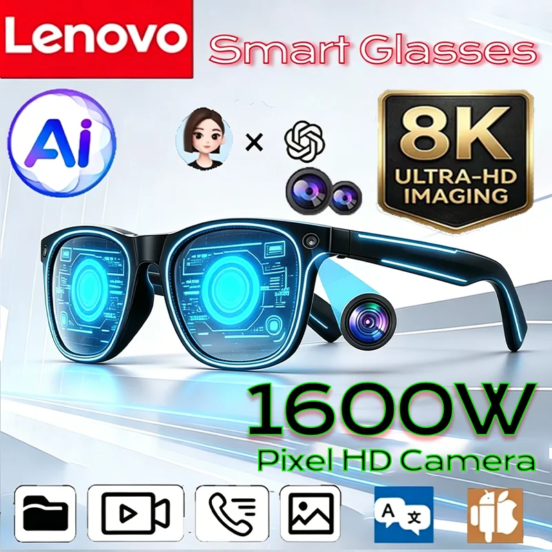 

Lenovo Smart AI Sunglasses Multifunctional Bluetooth Call Music Player 8K Camera Translate Voice Assistant Photochromic Glasses