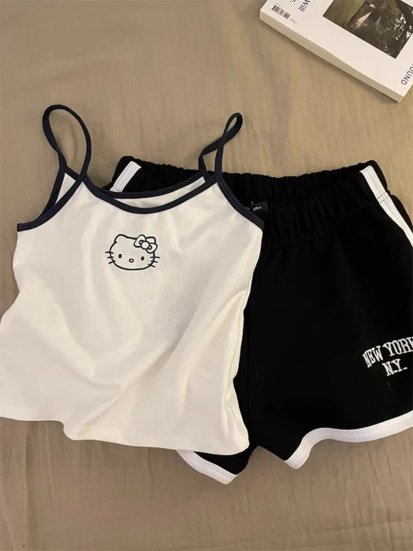 سانريو مرحبا كيتي بيجامة البدلة حبال فتاة طالب الصيف الكرتون القطن الخالص تي شيرت Y2K kawalismo مع وسادة الصدر هدية حلوة #5